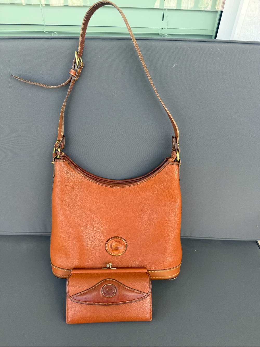 Dooney & Bourke Tan Brown Leather Shoulder Bag with Matching Wallet Set